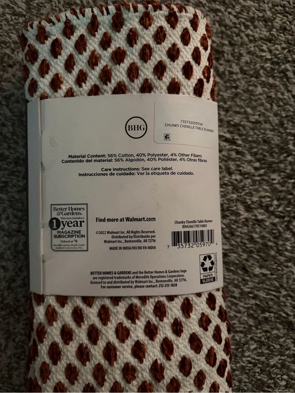 Better Homes And Gardens White Chenille Table Runner with Rust Accents